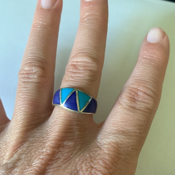 Turquoise and lapis inlay wavy band ring size 8 sterling silver 925 - Picture 3 of 7